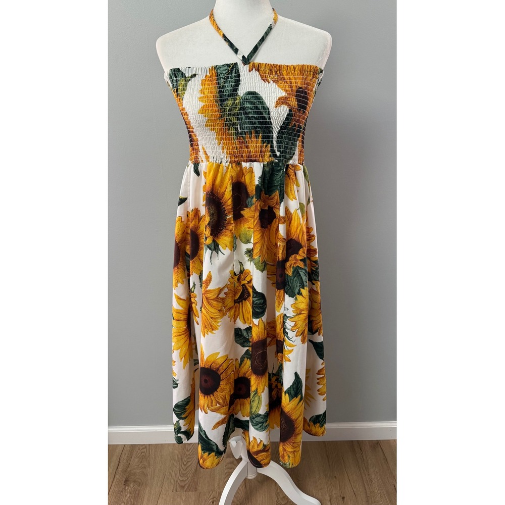 Deja Bleu Women's Sunflower Smocked‎ Halter Midi Dress Size Large Yellow White